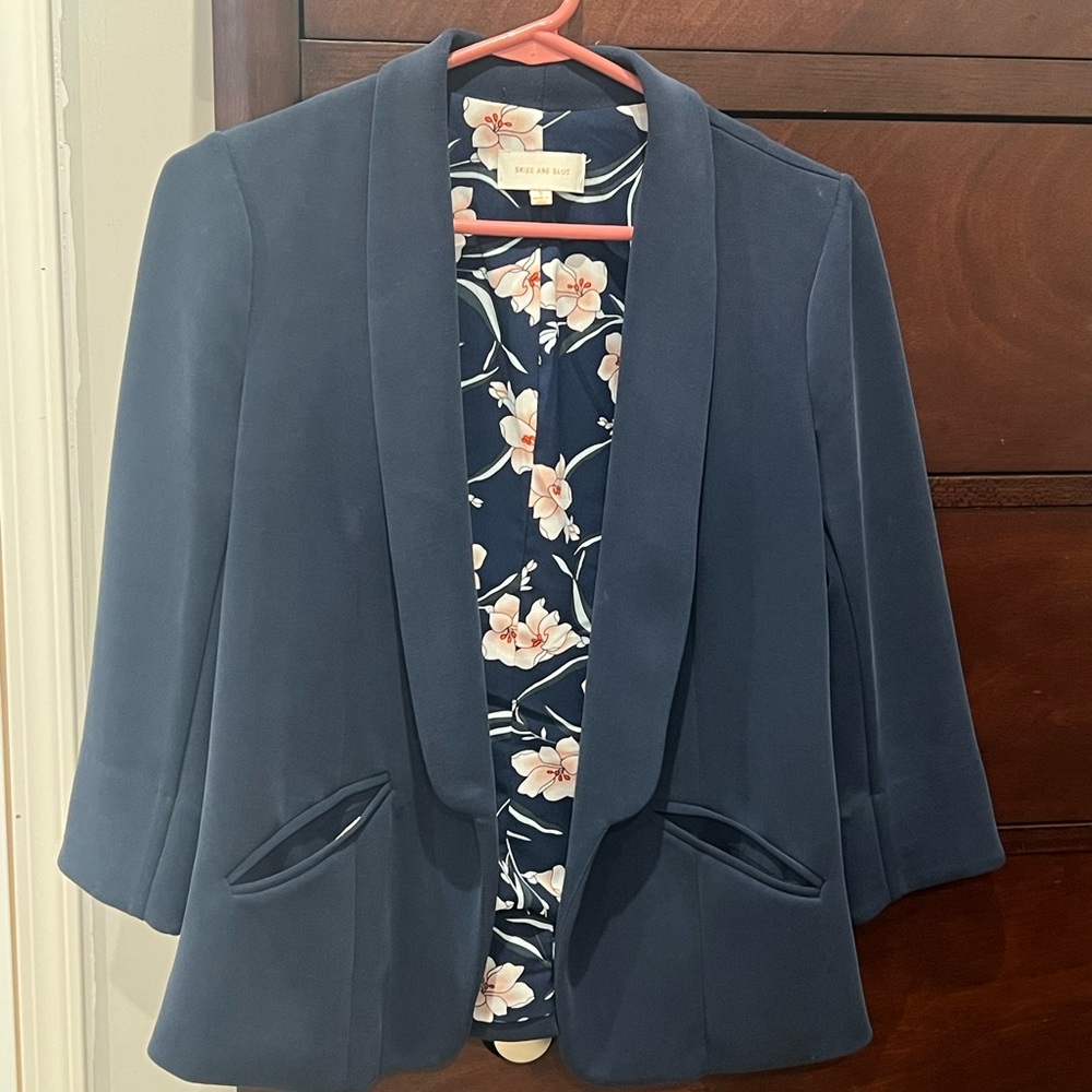 Skies Are Blue Dark Blue Blazer with Floral Interior